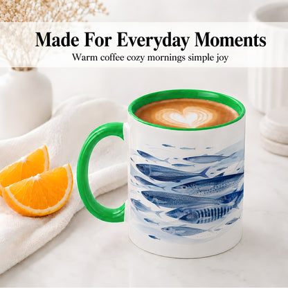 #pl[11oz|Green] Blue Fish Ceramic Mug, Minimal Watercolor Ocean Art for Fish Fans