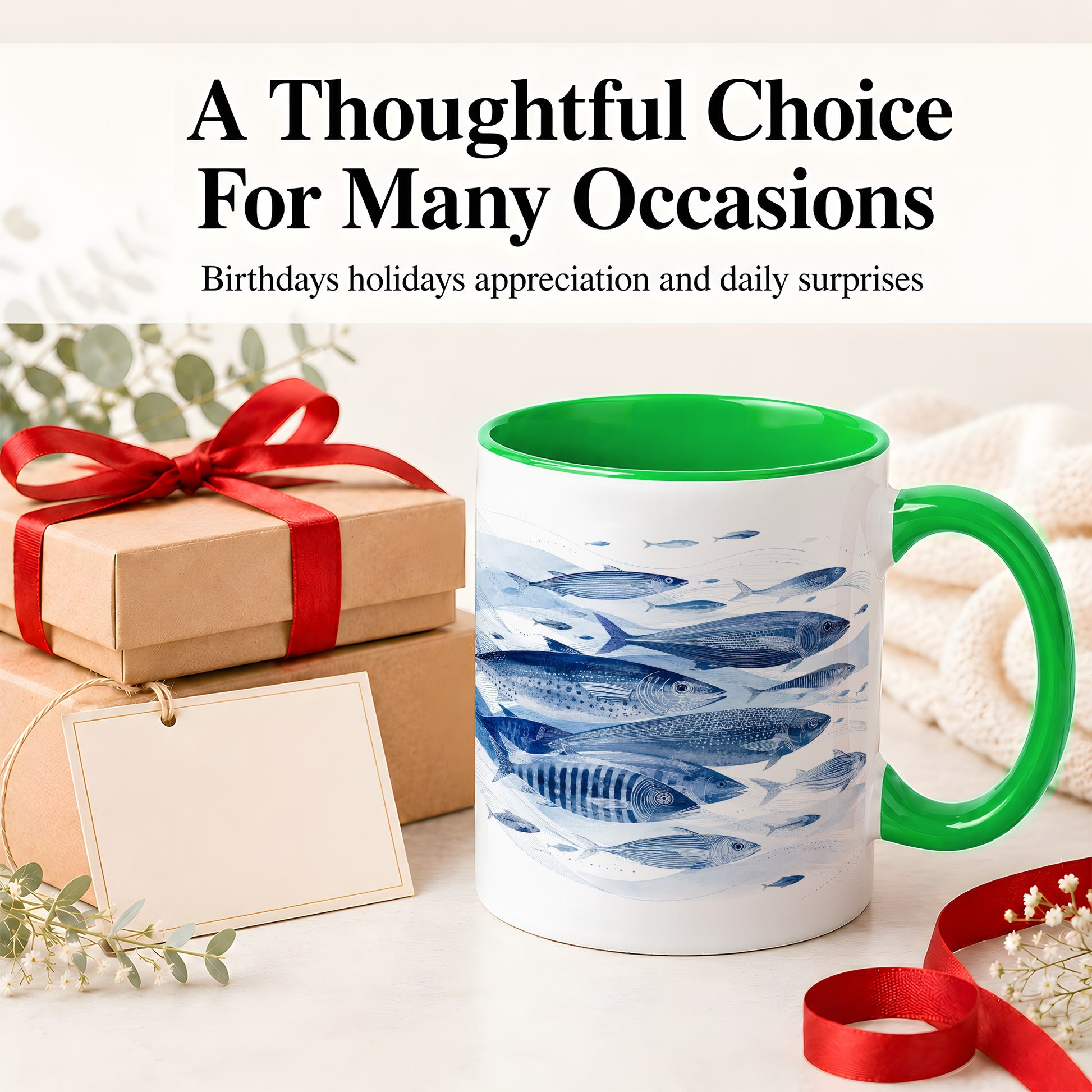 #pl[11oz|Green] Blue Fish Ceramic Mug, Minimal Watercolor Ocean Art for Fish Fans
