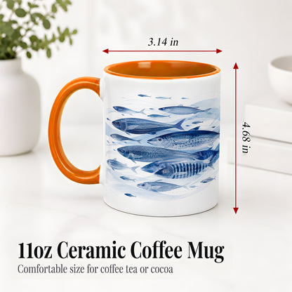 #pl[11oz|Orange] Blue Fish Ceramic Mug, Minimal Watercolor Ocean Art for Fish Fans