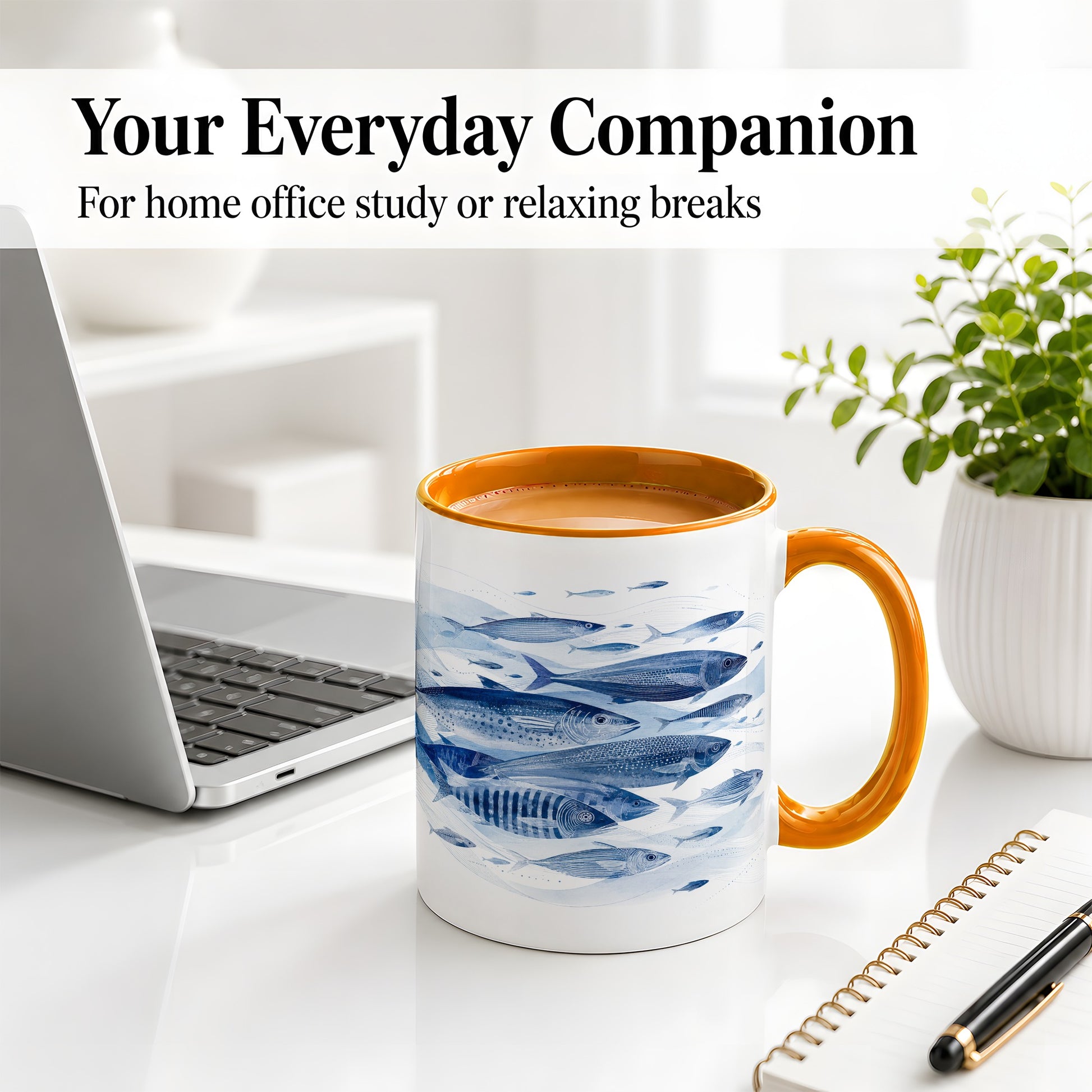 #pl[11oz|Orange] Blue Fish Ceramic Mug, Minimal Watercolor Ocean Art for Fish Fans