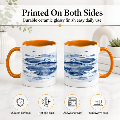 #pl[11oz|Orange] Blue Fish Ceramic Mug, Minimal Watercolor Ocean Art for Fish Fans