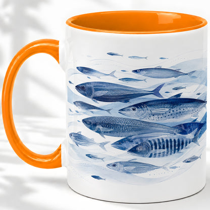 #pl[11oz|Orange] Blue Fish Ceramic Mug, Minimal Watercolor Ocean Art for Fish Fans