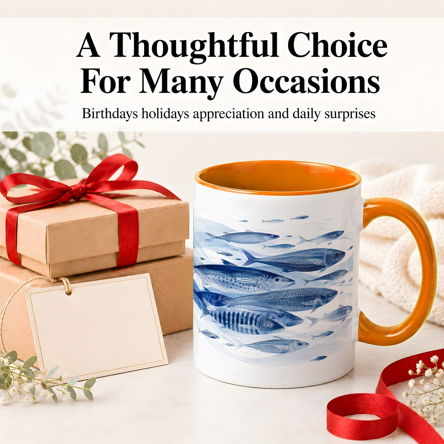 #pl[11oz|Orange] Blue Fish Ceramic Mug, Minimal Watercolor Ocean Art for Fish Fans