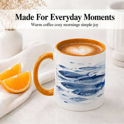 #pl[11oz|Orange] Blue Fish Ceramic Mug, Minimal Watercolor Ocean Art for Fish Fans