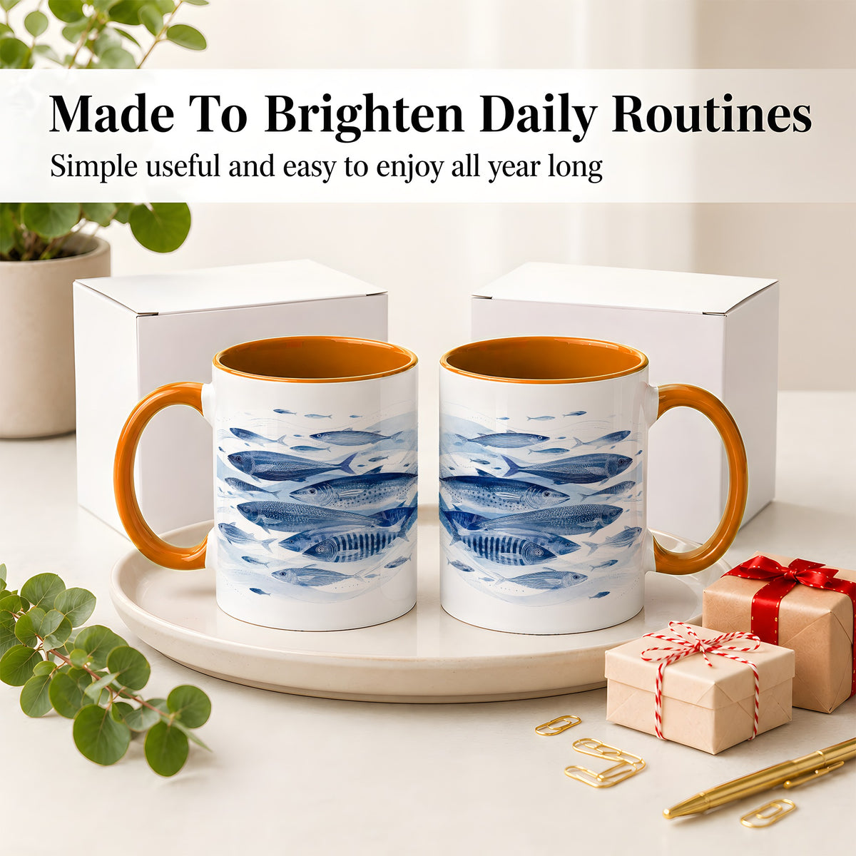 #pl[11oz|Orange] Blue Fish Ceramic Mug, Minimal Watercolor Ocean Art for Fish Fans
