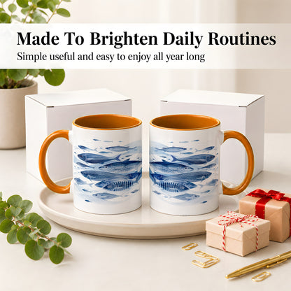 #pl[11oz|Orange] Blue Fish Ceramic Mug, Minimal Watercolor Ocean Art for Fish Fans