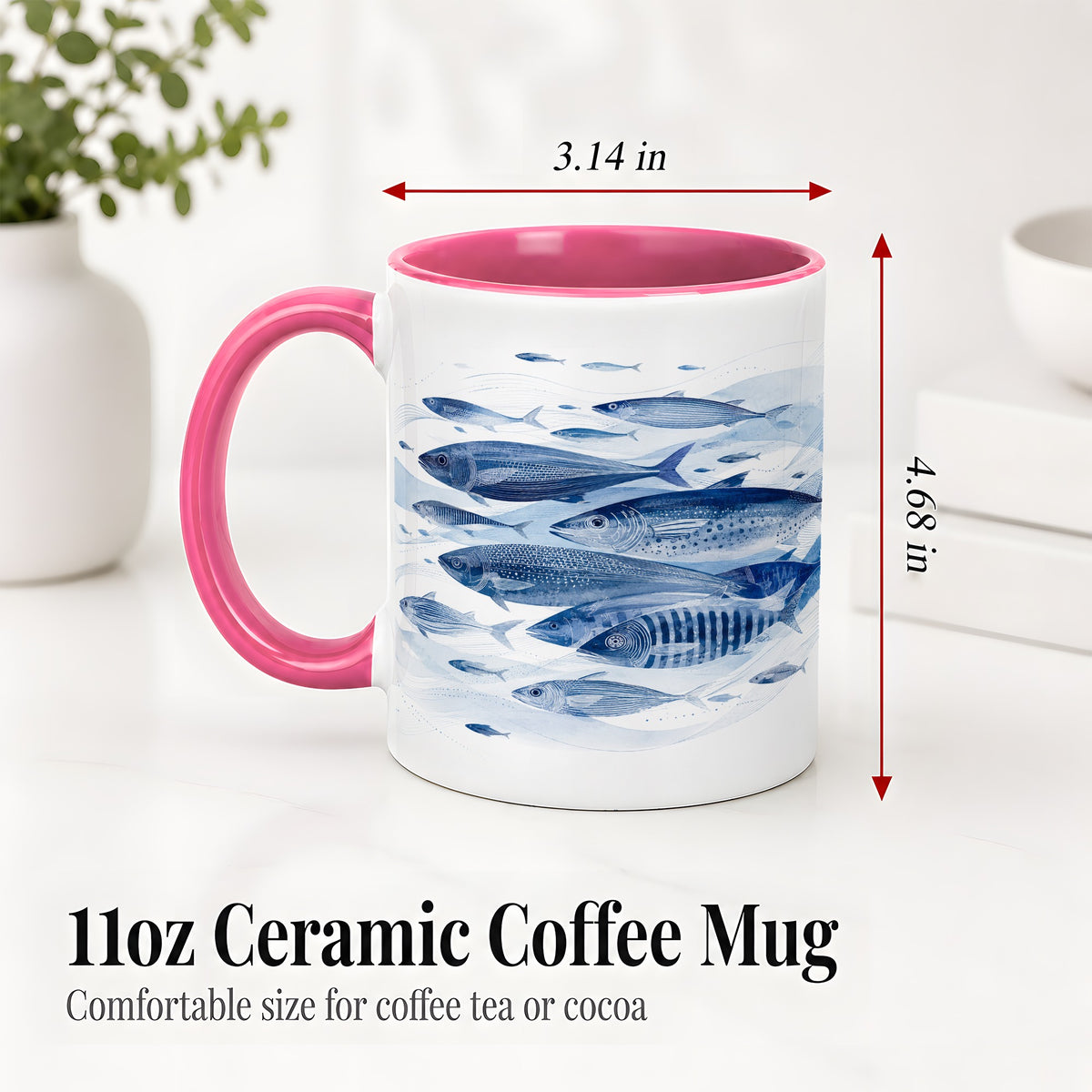 #pl[11oz|Pink] Blue Fish Ceramic Mug, Minimal Watercolor Ocean Art for Fish Fans