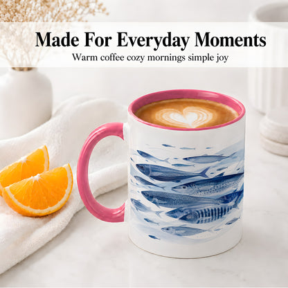 #pl[11oz|Pink] Blue Fish Ceramic Mug, Minimal Watercolor Ocean Art for Fish Fans