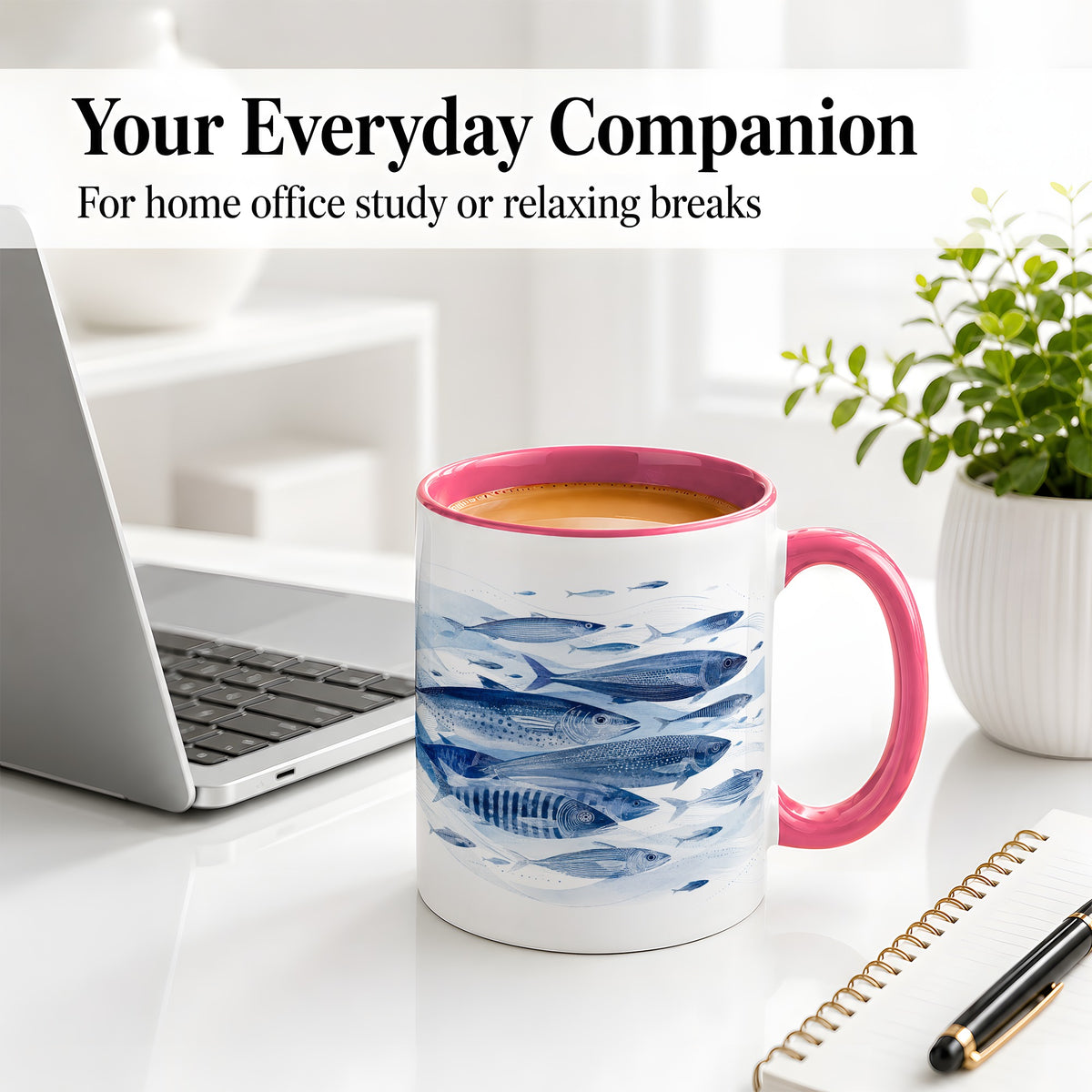 #pl[11oz|Pink] Blue Fish Ceramic Mug, Minimal Watercolor Ocean Art for Fish Fans