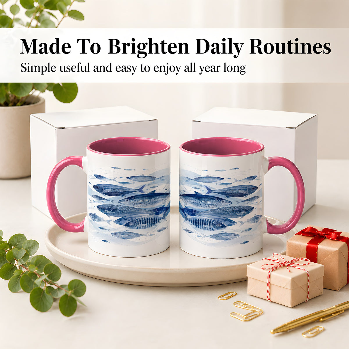 #pl[11oz|Pink] Blue Fish Ceramic Mug, Minimal Watercolor Ocean Art for Fish Fans