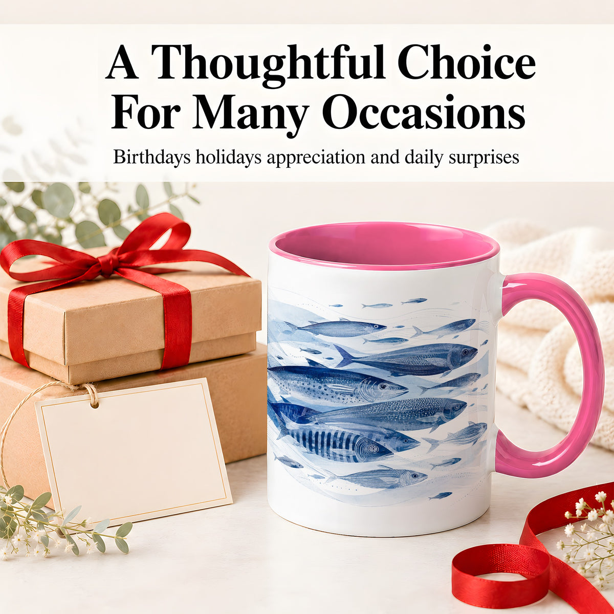 #pl[11oz|Pink] Blue Fish Ceramic Mug, Minimal Watercolor Ocean Art for Fish Fans