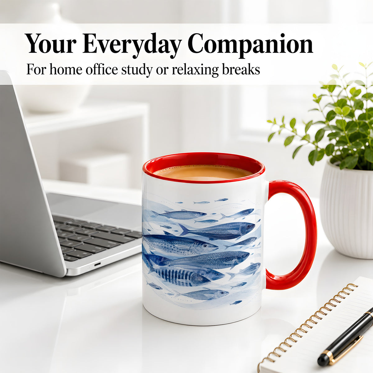 #pl[11oz|Red] Blue Fish Ceramic Mug, Minimal Watercolor Ocean Art for Fish Fans