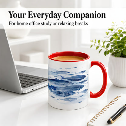 #pl[11oz|Red] Blue Fish Ceramic Mug, Minimal Watercolor Ocean Art for Fish Fans