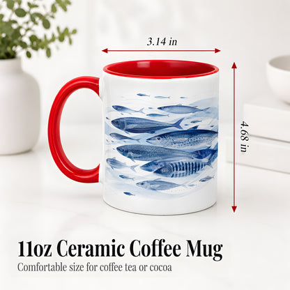 #pl[11oz|Red] Blue Fish Ceramic Mug, Minimal Watercolor Ocean Art for Fish Fans