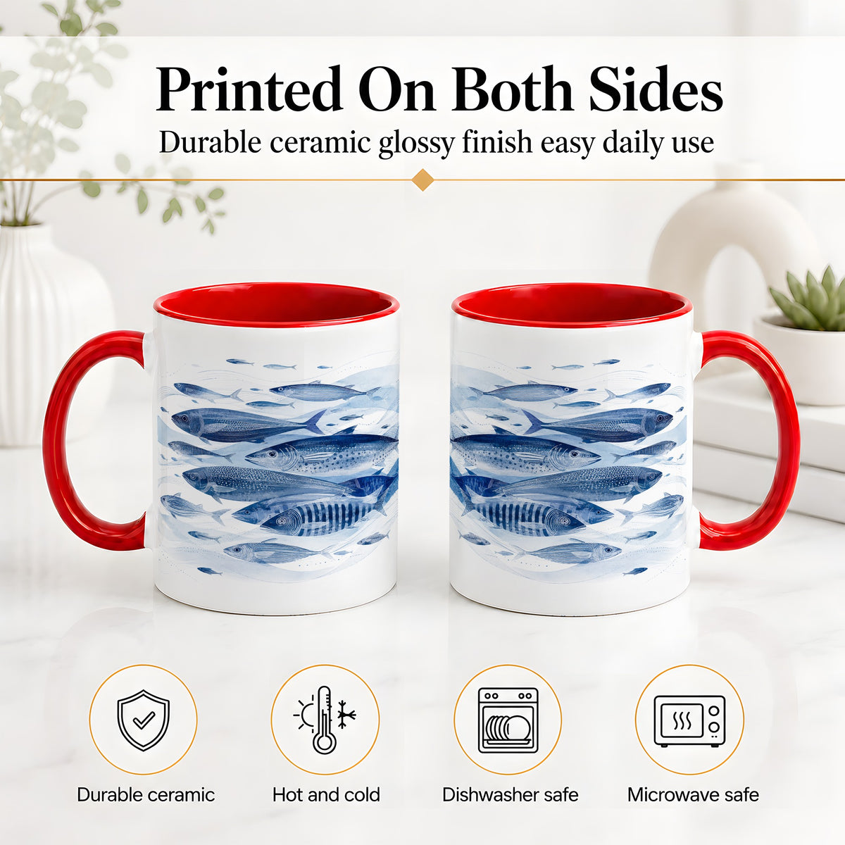 #pl[11oz|Red] Blue Fish Ceramic Mug, Minimal Watercolor Ocean Art for Fish Fans