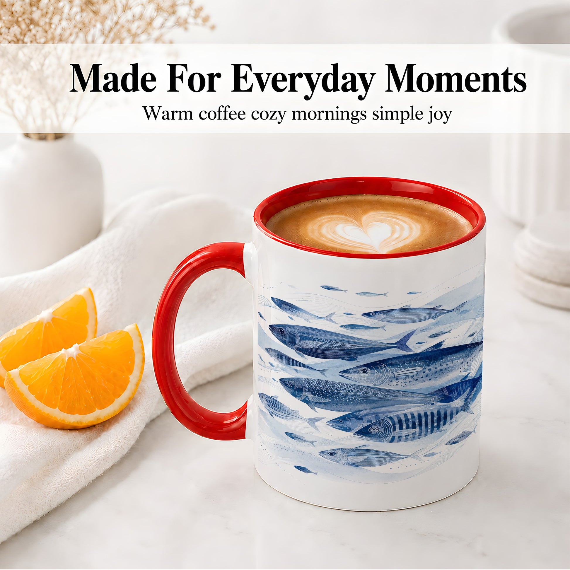 #pl[11oz|Red] Blue Fish Ceramic Mug, Minimal Watercolor Ocean Art for Fish Fans
