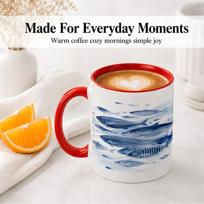 #pl[11oz|Red] Blue Fish Ceramic Mug, Minimal Watercolor Ocean Art for Fish Fans