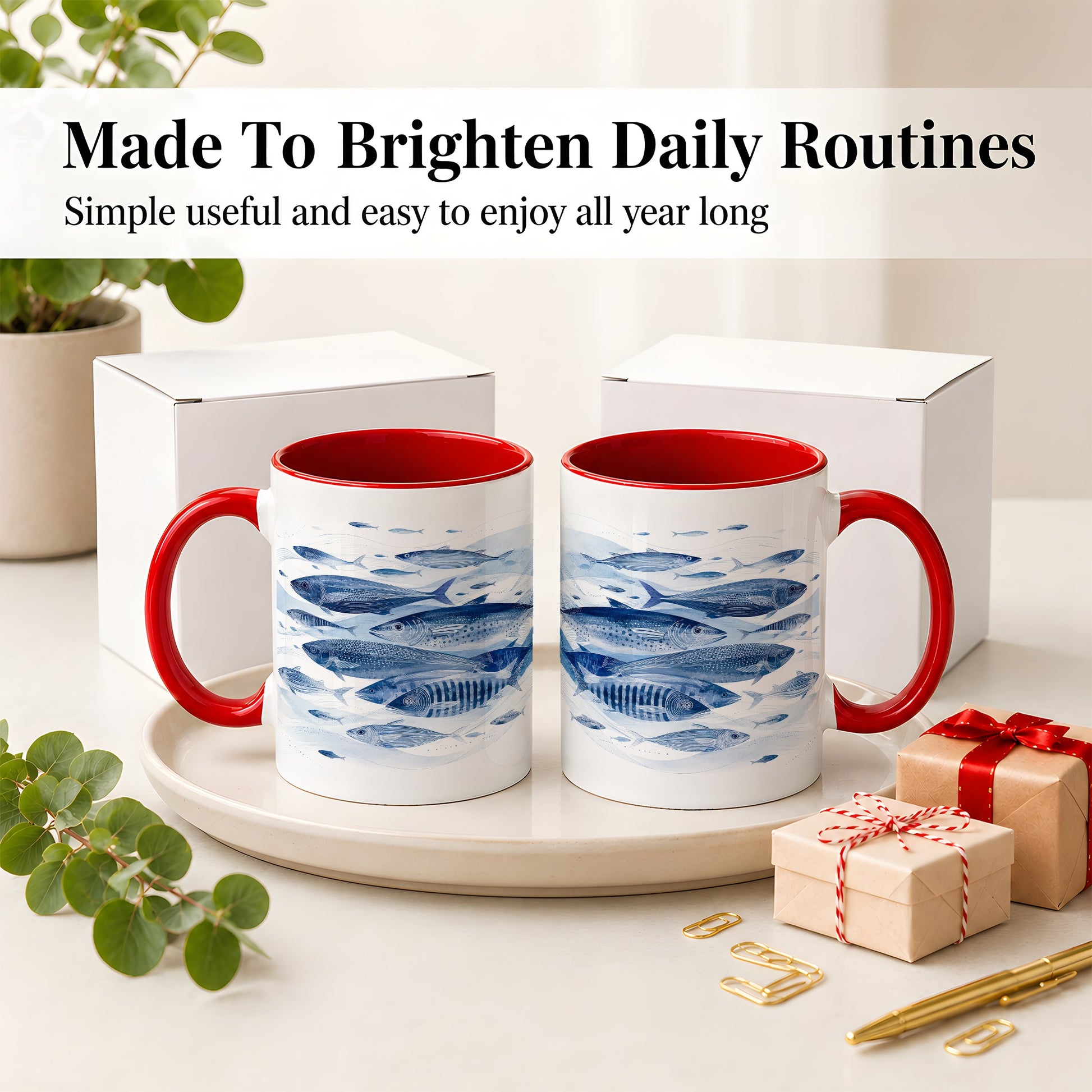 #pl[11oz|Red] Blue Fish Ceramic Mug, Minimal Watercolor Ocean Art for Fish Fans