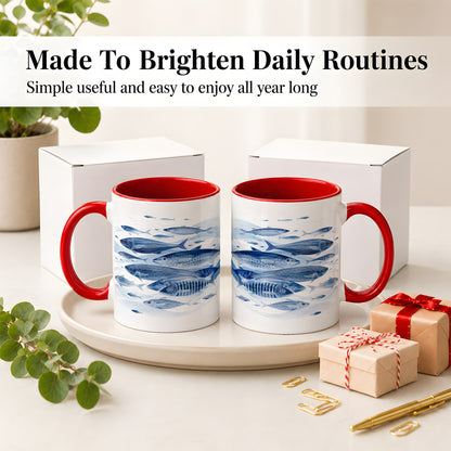 #pl[11oz|Red] Blue Fish Ceramic Mug, Minimal Watercolor Ocean Art for Fish Fans
