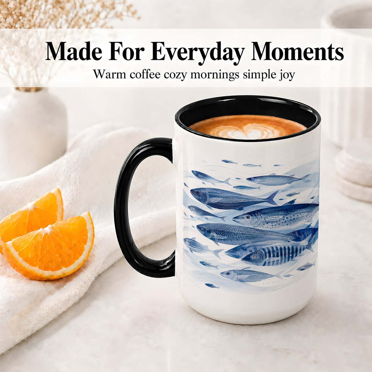 #pl[15oz|Black] Blue Fish Ceramic Mug, Minimal Watercolor Ocean Art for Fish Fans