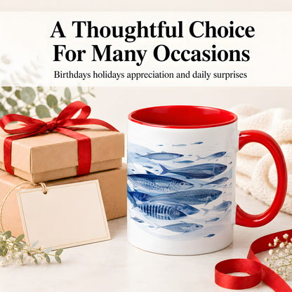 #pl[11oz|Red] Blue Fish Ceramic Mug, Minimal Watercolor Ocean Art for Fish Fans