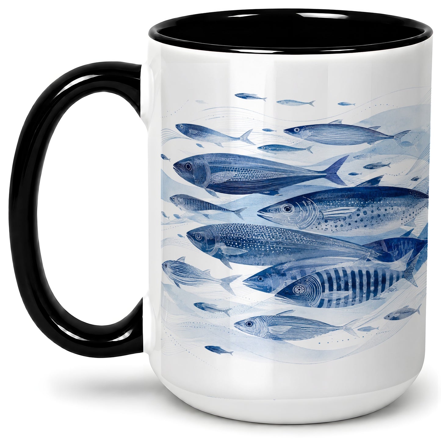 #pl[15oz|Black] Blue Fish Ceramic Mug, Minimal Watercolor Ocean Art for Fish Fans