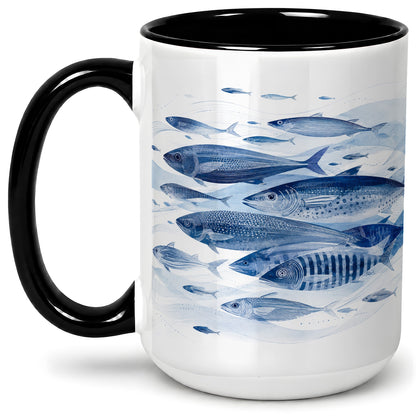 #pl[15oz|Black] Blue Fish Ceramic Mug, Minimal Watercolor Ocean Art for Fish Fans