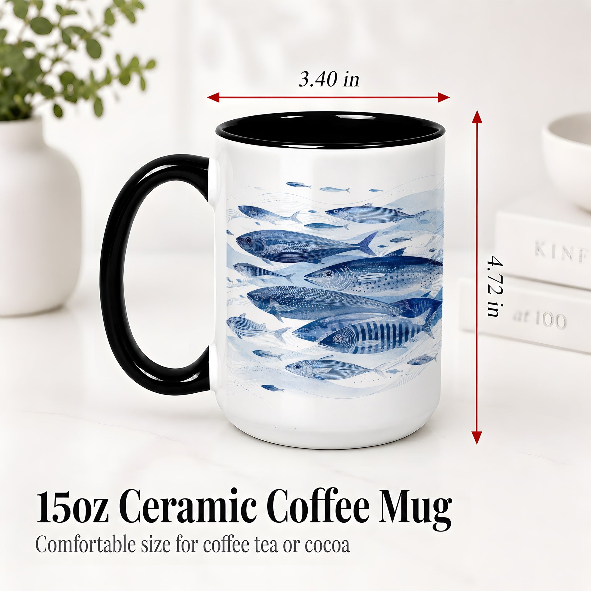 #pl[15oz|Black] Blue Fish Ceramic Mug, Minimal Watercolor Ocean Art for Fish Fans