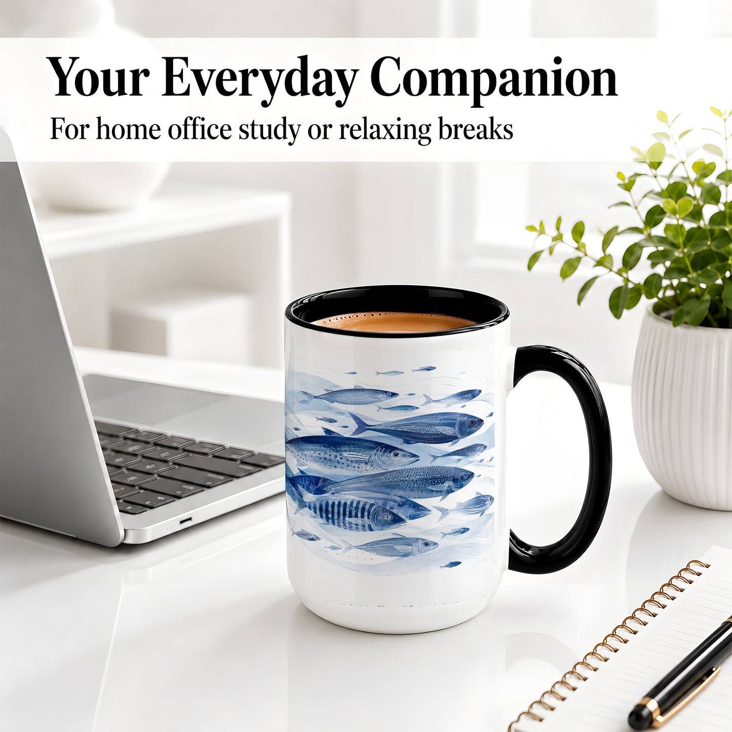 #pl[15oz|Black] Blue Fish Ceramic Mug, Minimal Watercolor Ocean Art for Fish Fans