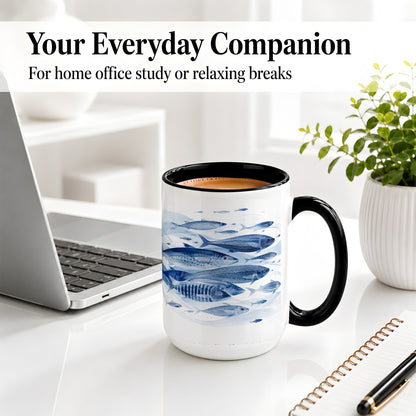 #pl[15oz|Black] Blue Fish Ceramic Mug, Minimal Watercolor Ocean Art for Fish Fans