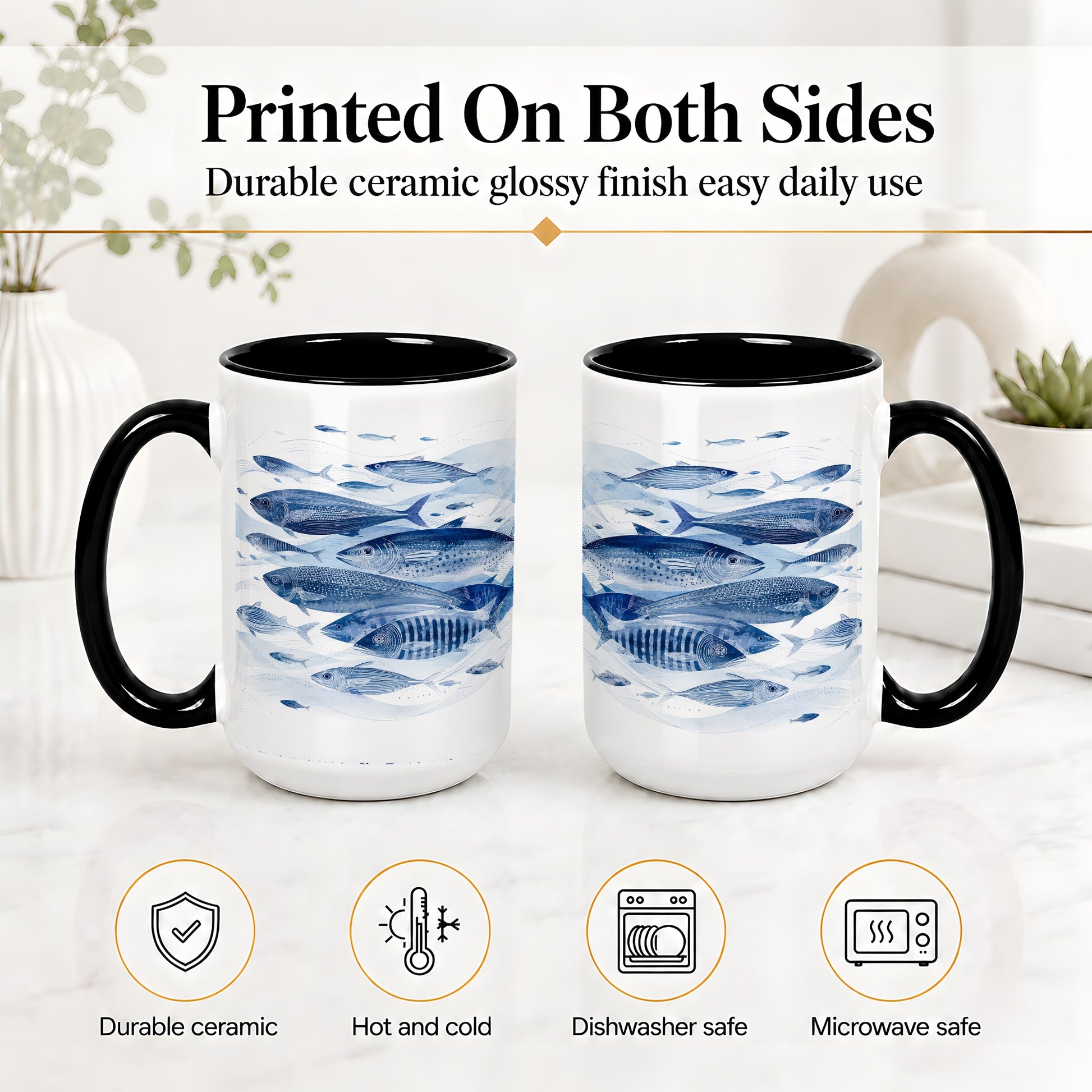 #pl[15oz|Black] Blue Fish Ceramic Mug, Minimal Watercolor Ocean Art for Fish Fans