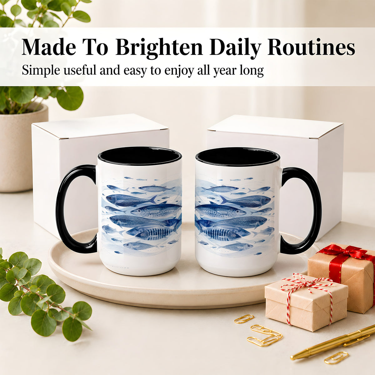 #pl[15oz|Black] Blue Fish Ceramic Mug, Minimal Watercolor Ocean Art for Fish Fans