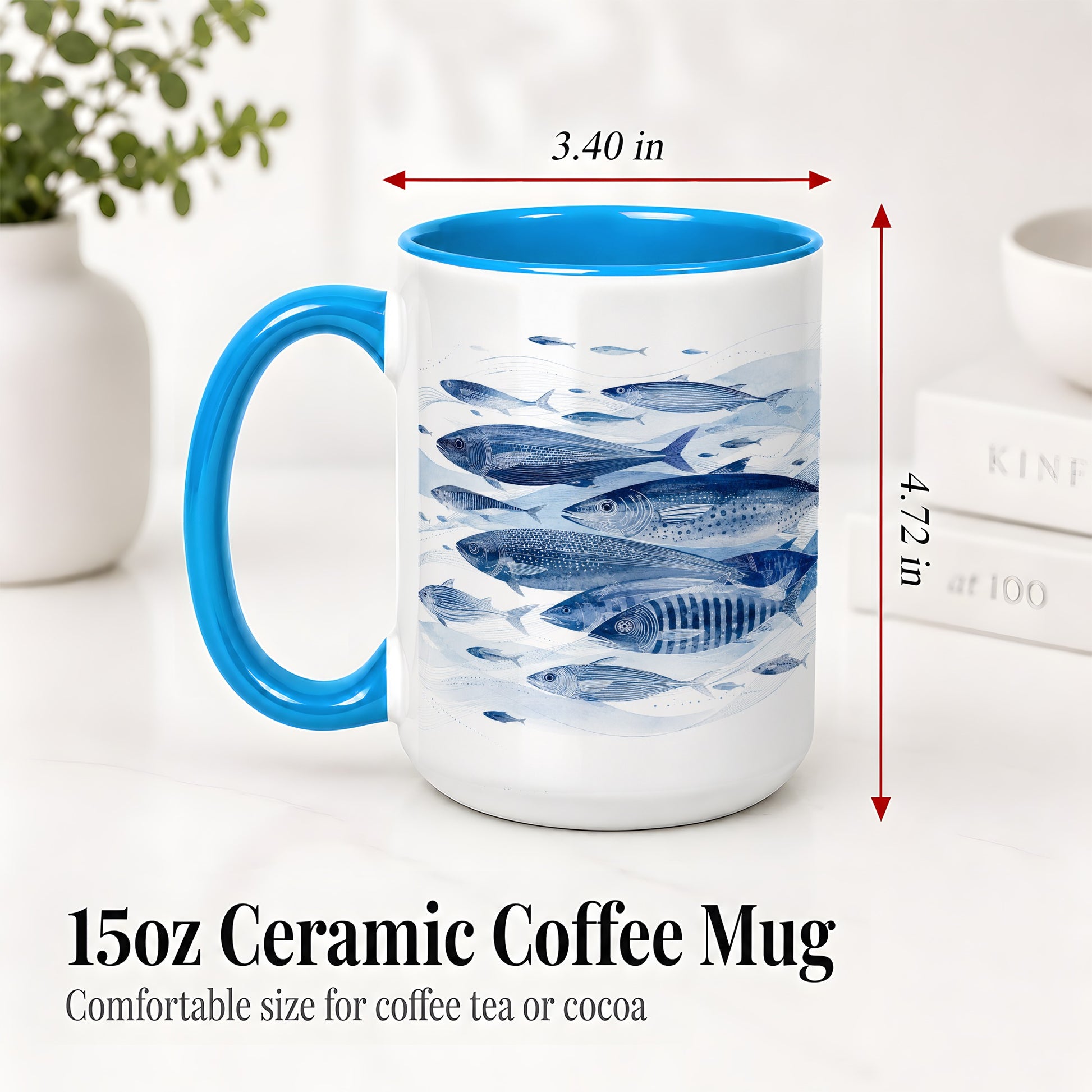 #pl[15oz|Blue] Blue Fish Ceramic Mug, Minimal Watercolor Ocean Art for Fish Fans