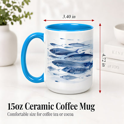 #pl[15oz|Blue] Blue Fish Ceramic Mug, Minimal Watercolor Ocean Art for Fish Fans
