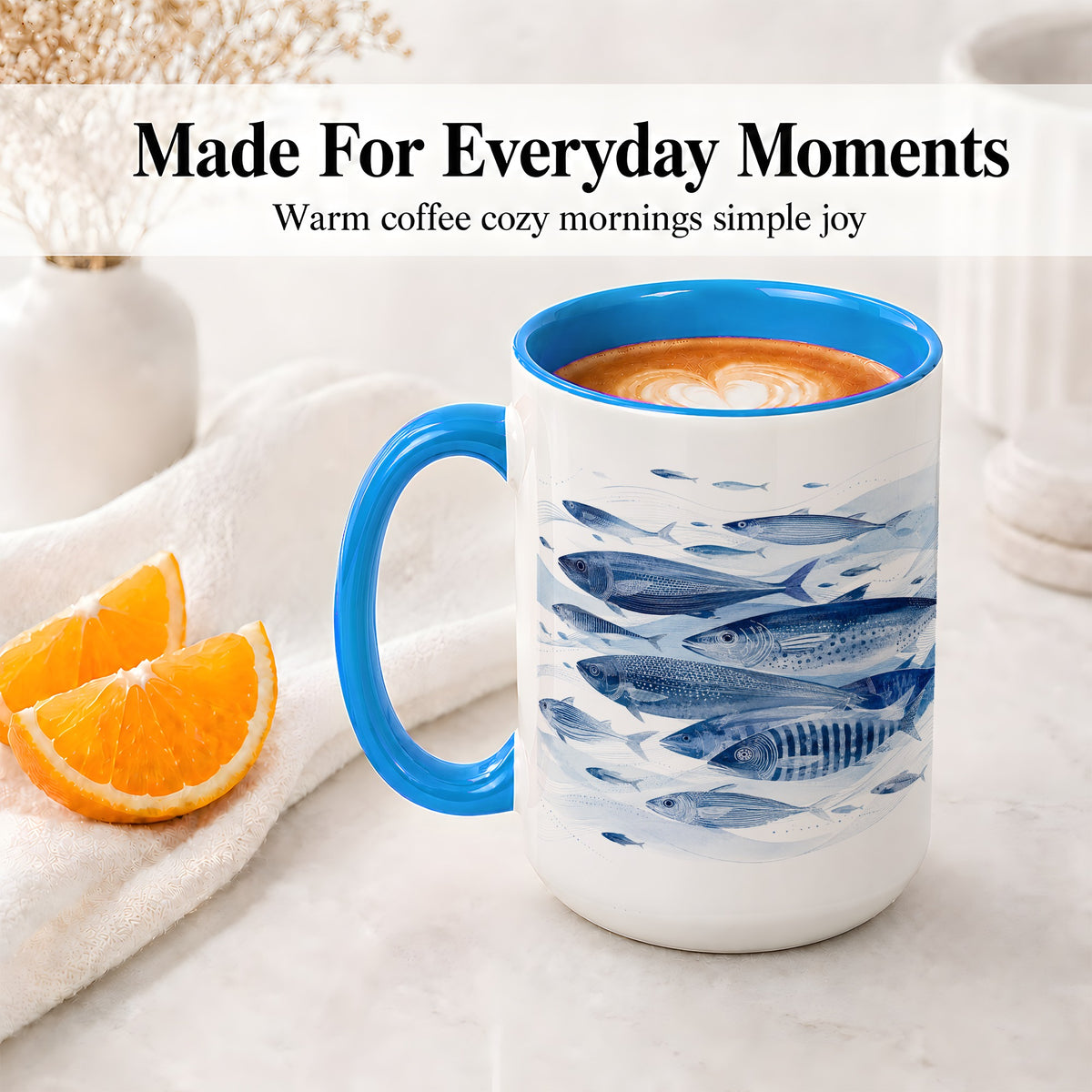 #pl[15oz|Blue] Blue Fish Ceramic Mug, Minimal Watercolor Ocean Art for Fish Fans