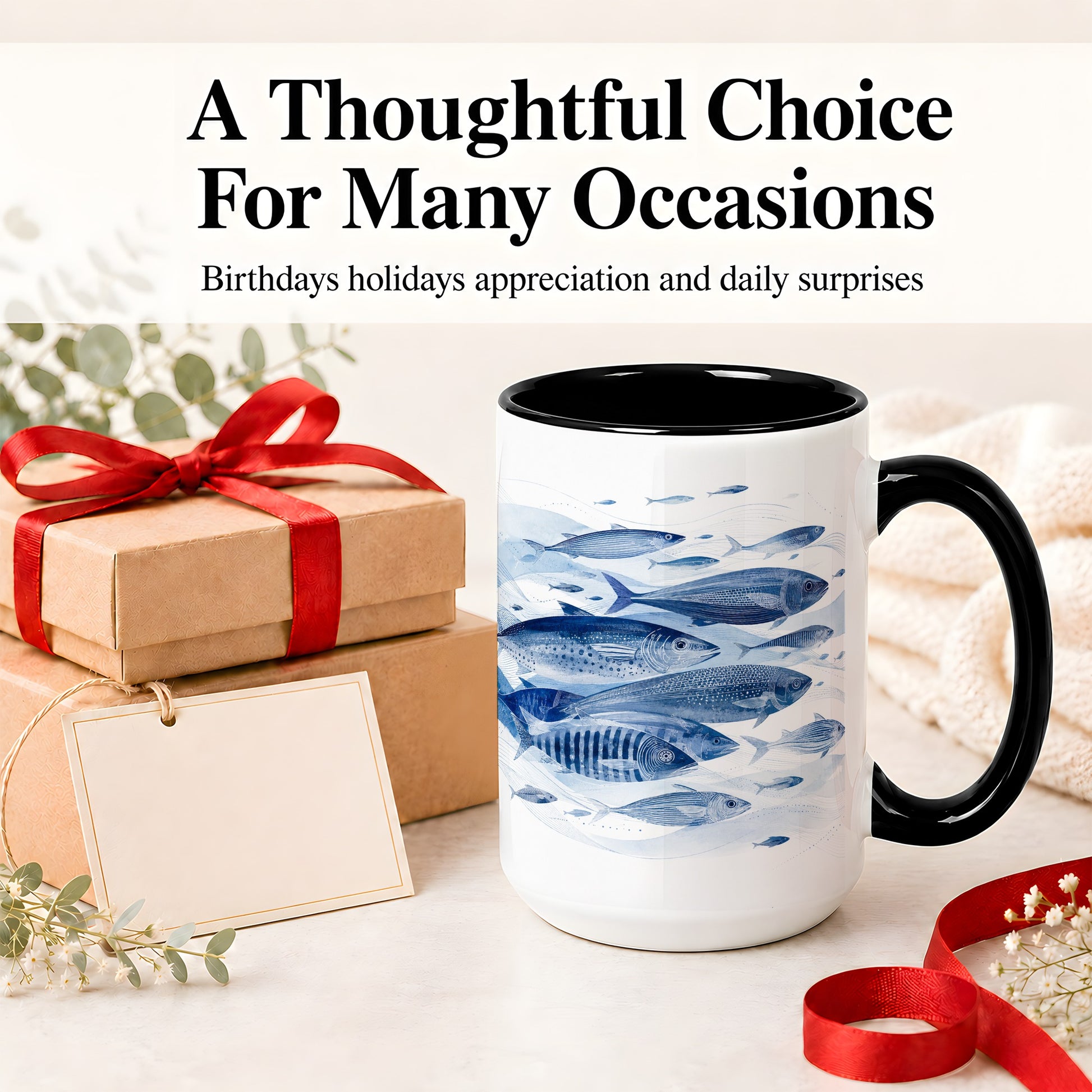 #pl[15oz|Black] Blue Fish Ceramic Mug, Minimal Watercolor Ocean Art for Fish Fans