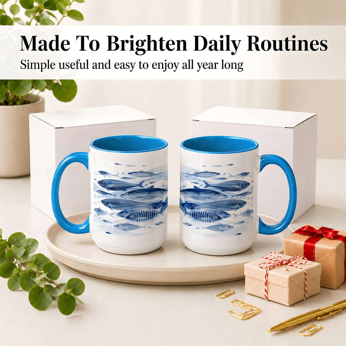 #pl[15oz|Blue] Blue Fish Ceramic Mug, Minimal Watercolor Ocean Art for Fish Fans