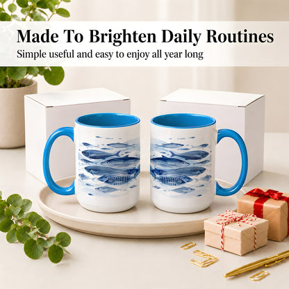 #pl[15oz|Blue] Blue Fish Ceramic Mug, Minimal Watercolor Ocean Art for Fish Fans