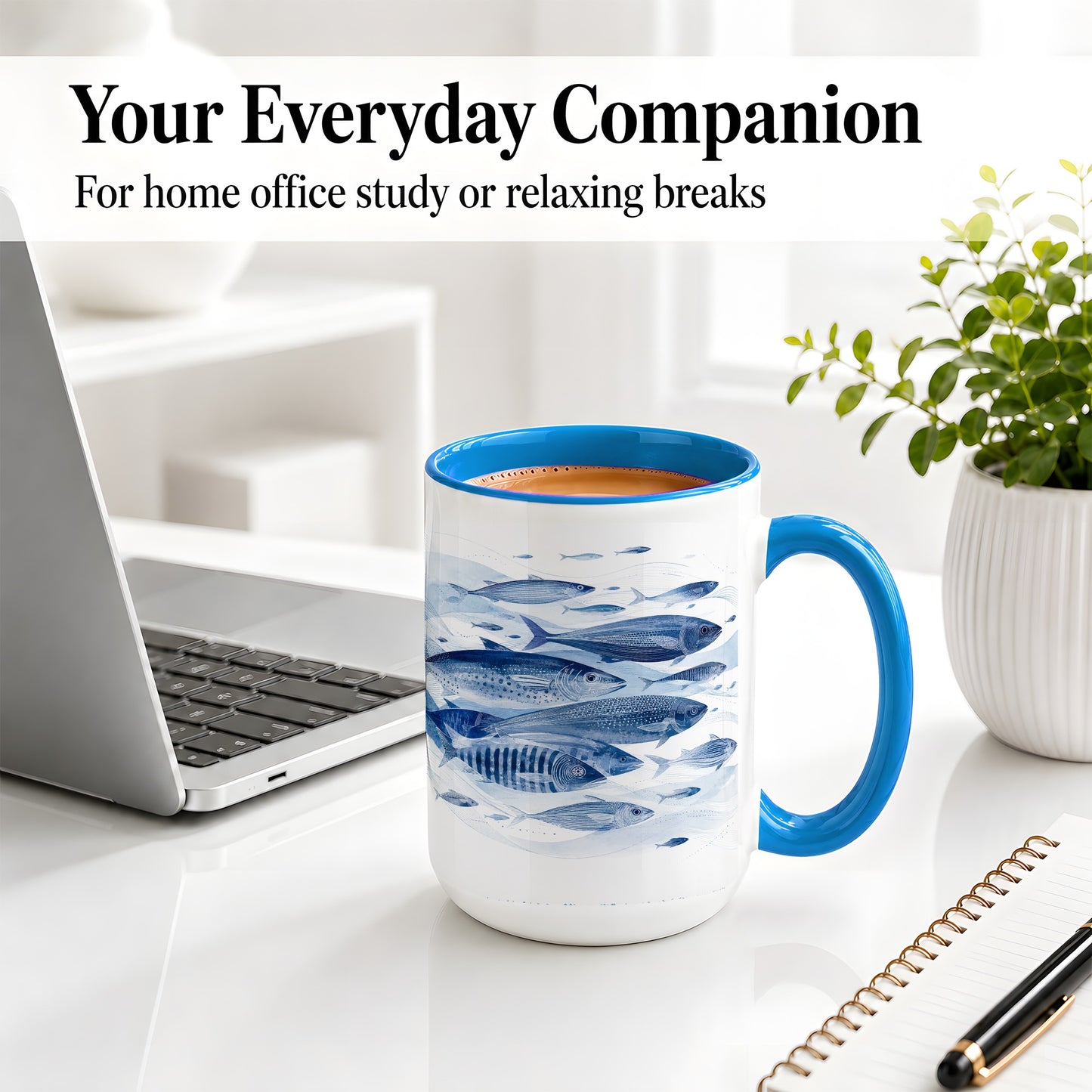#pl[15oz|Blue] Blue Fish Ceramic Mug, Minimal Watercolor Ocean Art for Fish Fans