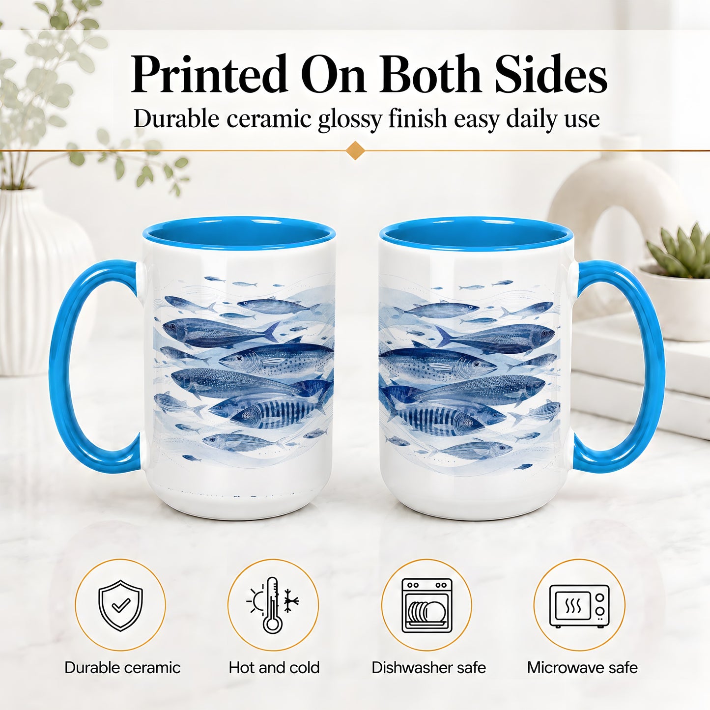 #pl[15oz|Blue] Blue Fish Ceramic Mug, Minimal Watercolor Ocean Art for Fish Fans