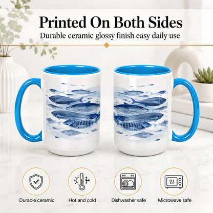 #pl[15oz|Blue] Blue Fish Ceramic Mug, Minimal Watercolor Ocean Art for Fish Fans