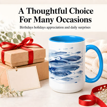 #pl[15oz|Blue] Blue Fish Ceramic Mug, Minimal Watercolor Ocean Art for Fish Fans