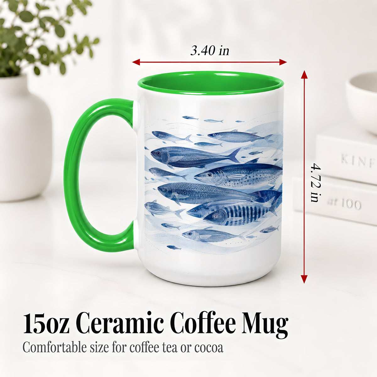 #pl[15oz|Green] Blue Fish Ceramic Mug, Minimal Watercolor Ocean Art for Fish Fans