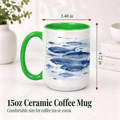 #pl[15oz|Green] Blue Fish Ceramic Mug, Minimal Watercolor Ocean Art for Fish Fans