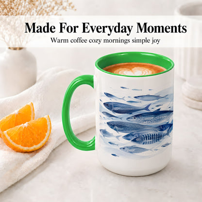 #pl[15oz|Green] Blue Fish Ceramic Mug, Minimal Watercolor Ocean Art for Fish Fans