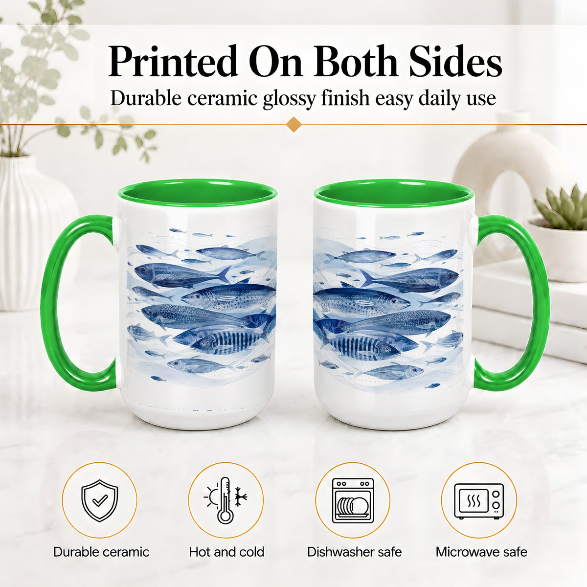 #pl[15oz|Green] Blue Fish Ceramic Mug, Minimal Watercolor Ocean Art for Fish Fans