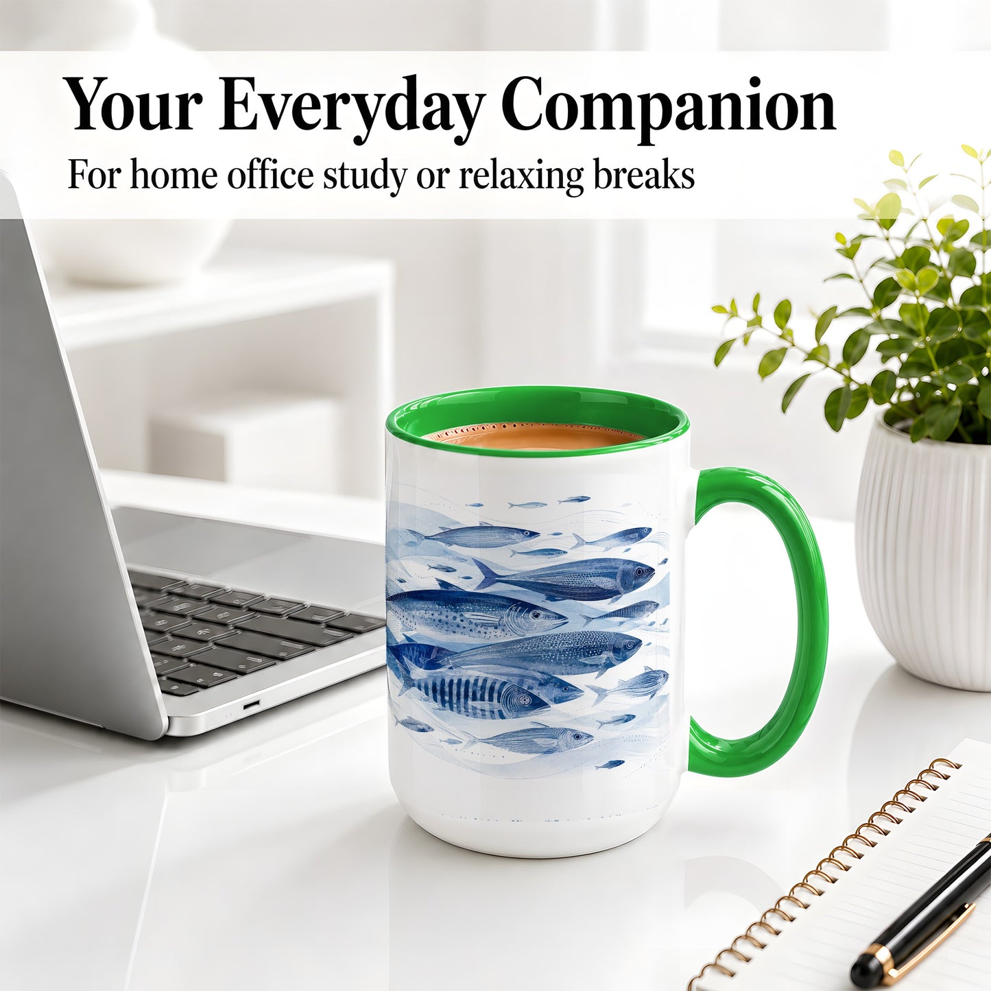#pl[15oz|Green] Blue Fish Ceramic Mug, Minimal Watercolor Ocean Art for Fish Fans