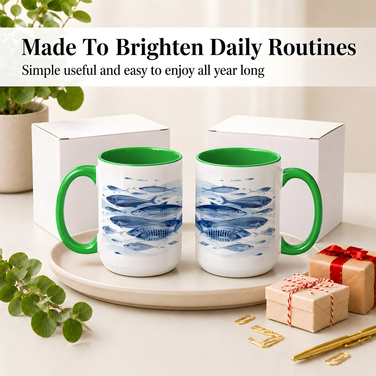 #pl[15oz|Green] Blue Fish Ceramic Mug, Minimal Watercolor Ocean Art for Fish Fans