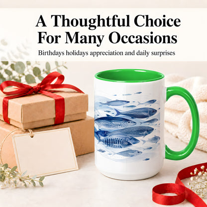 #pl[15oz|Green] Blue Fish Ceramic Mug, Minimal Watercolor Ocean Art for Fish Fans