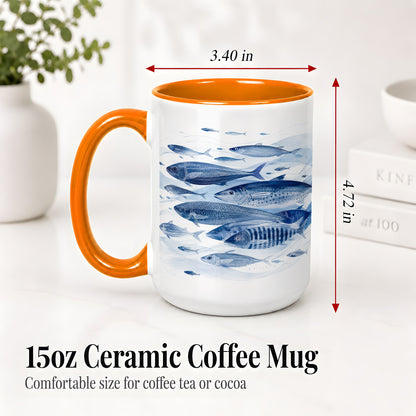 #pl[15oz|Orange] Blue Fish Ceramic Mug, Minimal Watercolor Ocean Art for Fish Fans